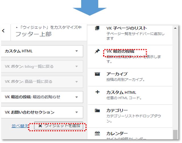 WordPressカスタマイズのウィジェットの追加項目の画面図