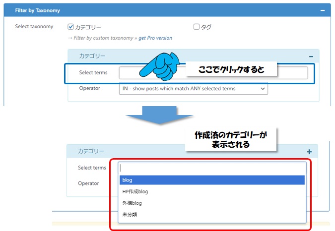 Content Viewsの「Filter Setting」のAdvance設定で「Taxonomy（カテゴリー、タグ）」を選択した後、カテゴリーを選択する時の詳細画面