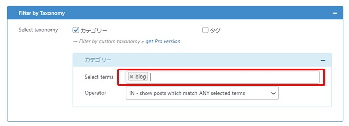 Content Viewsの「Filter Setting」のAdvance設定で「Taxonomy（カテゴリー、タグ）」を選択し、カテゴリーを選択した後の画面