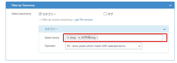 Content Viewsの「Filter Setting」のAdvance設定で「Taxonomy（カテゴリー、タグ）」を選択し、カテゴリーを二つ選択した時の画面