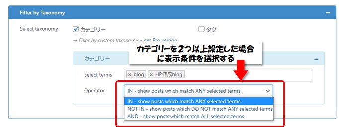 Content Viewsの「Filter Setting」のAdvance設定で「Taxonomy（カテゴリー、タグ）」を選択し、カテゴリーを二つ以上選択した時の表示条件を設定する画面